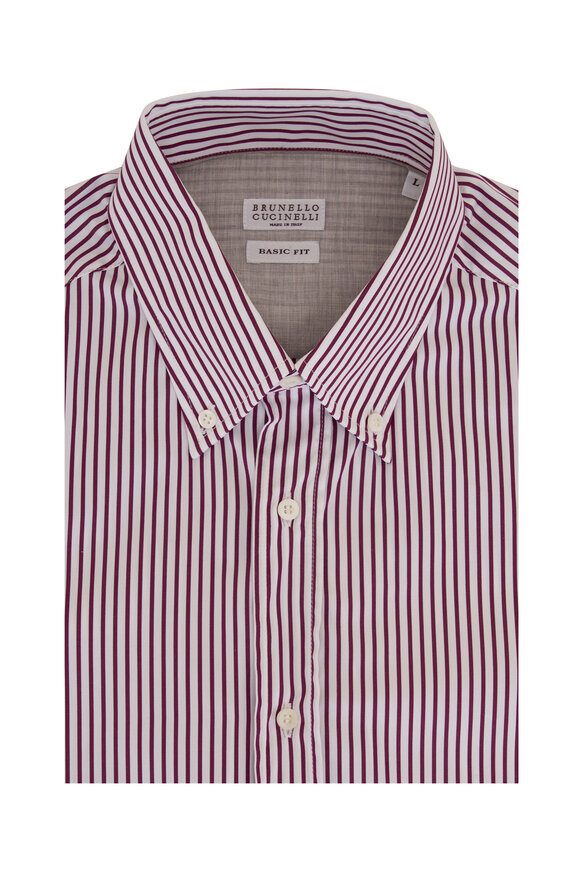 Brunello Cucinelli - Burgundy & White Stripe Cotton Sport Shirt