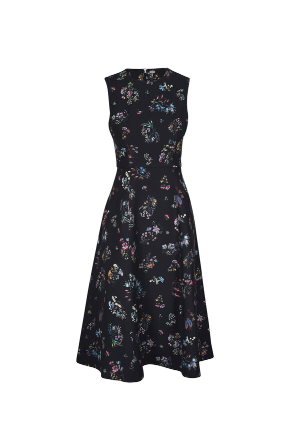 Adam Lippes Eloise Black Floral Print Wool & Silk Midi Dress