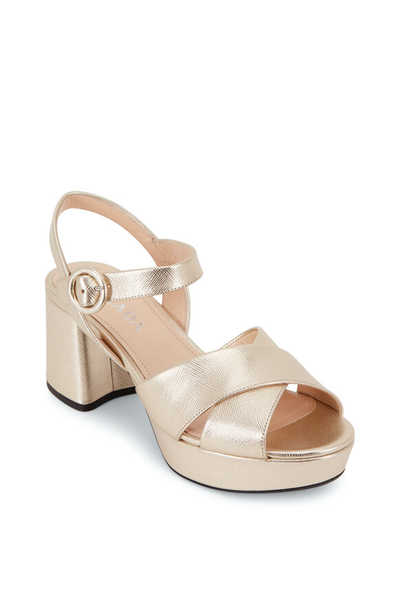 Prada - Gold Metallic Chunky Heel Strappy Sandal, 65mm