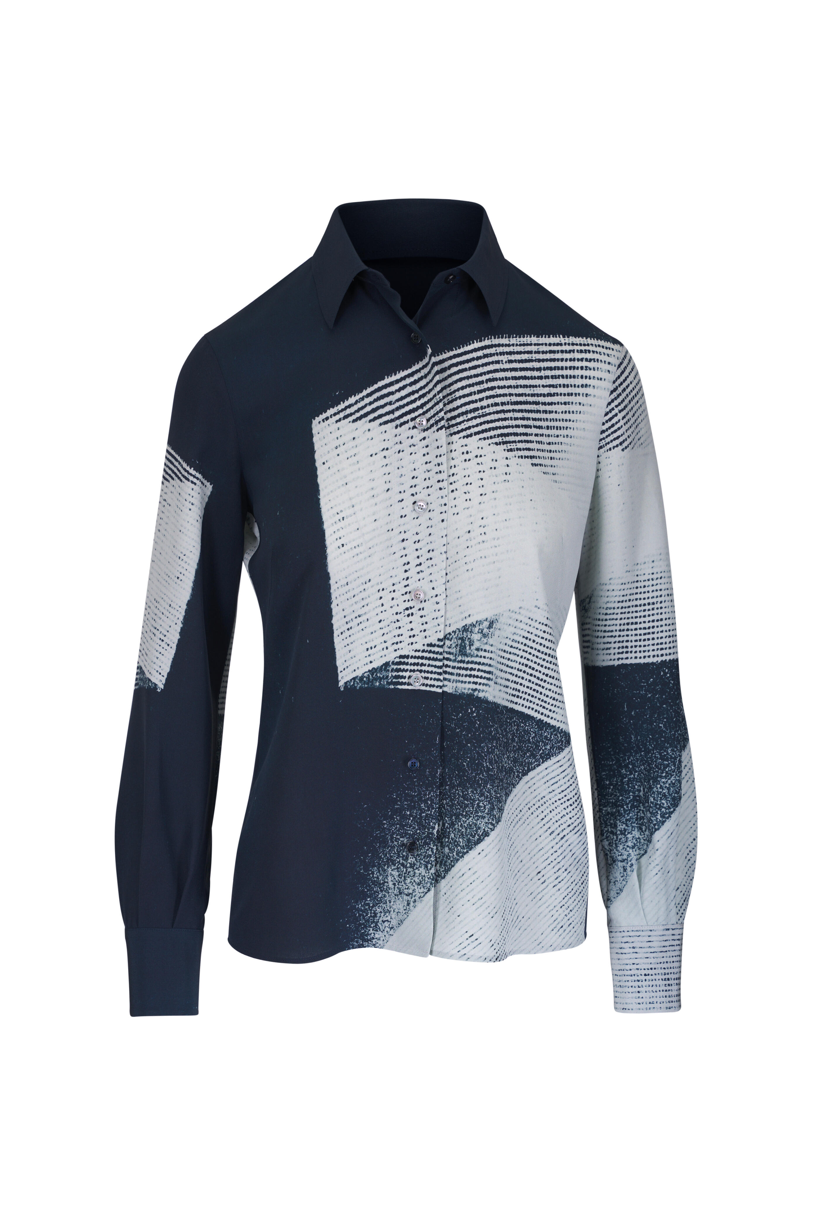 Akris - Denim Blue & Ecru Zigzag Print Silk Blouse