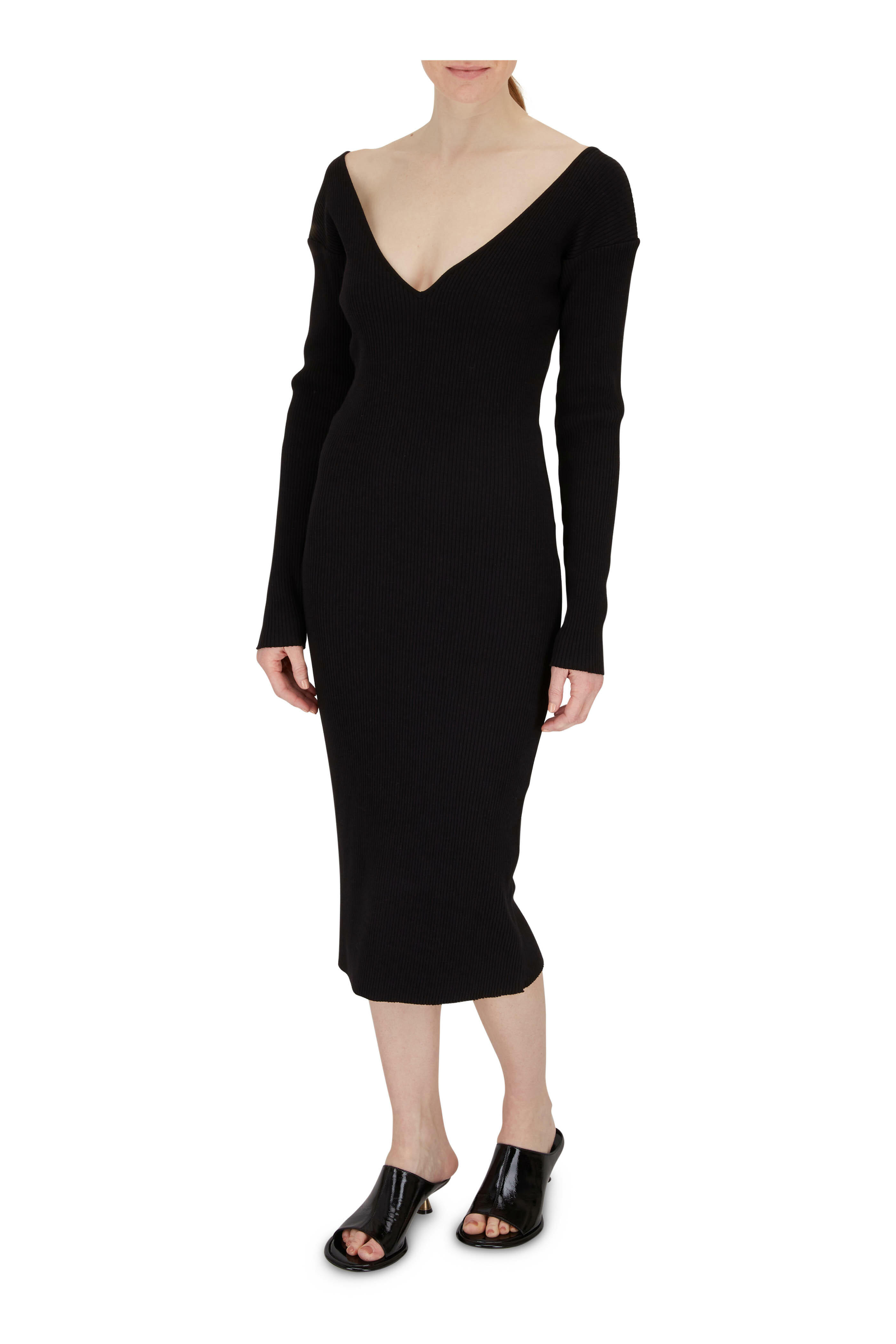 Vince - Black Cotton & Viscose Long Sleeve V-Neck Dress