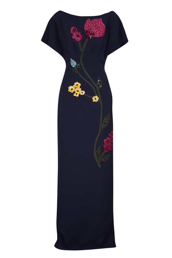 Lela Rose Savannah Navy Floral Embroidered Gown