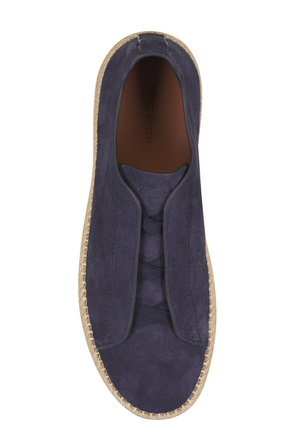 Zegna Triple Stitch Navy Blue Suede Espadrille Sneaker - view 3