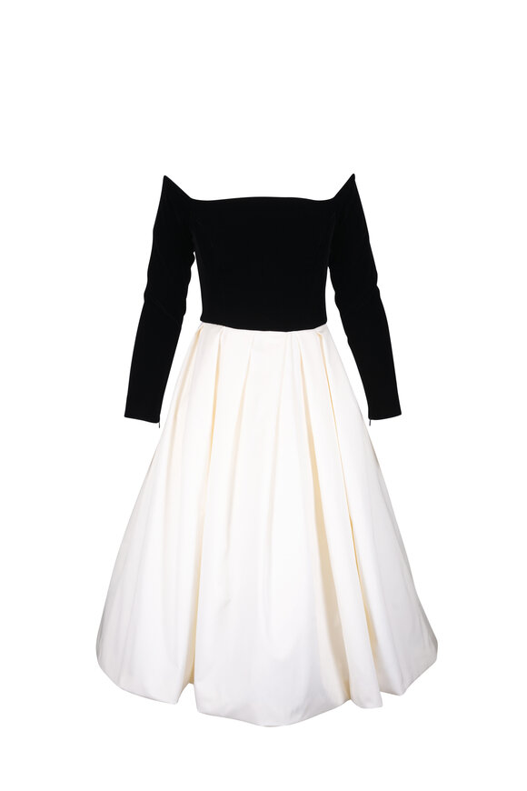 Carolina Herrera Black & White Long Sleeve Velvet Combo Midi Dress