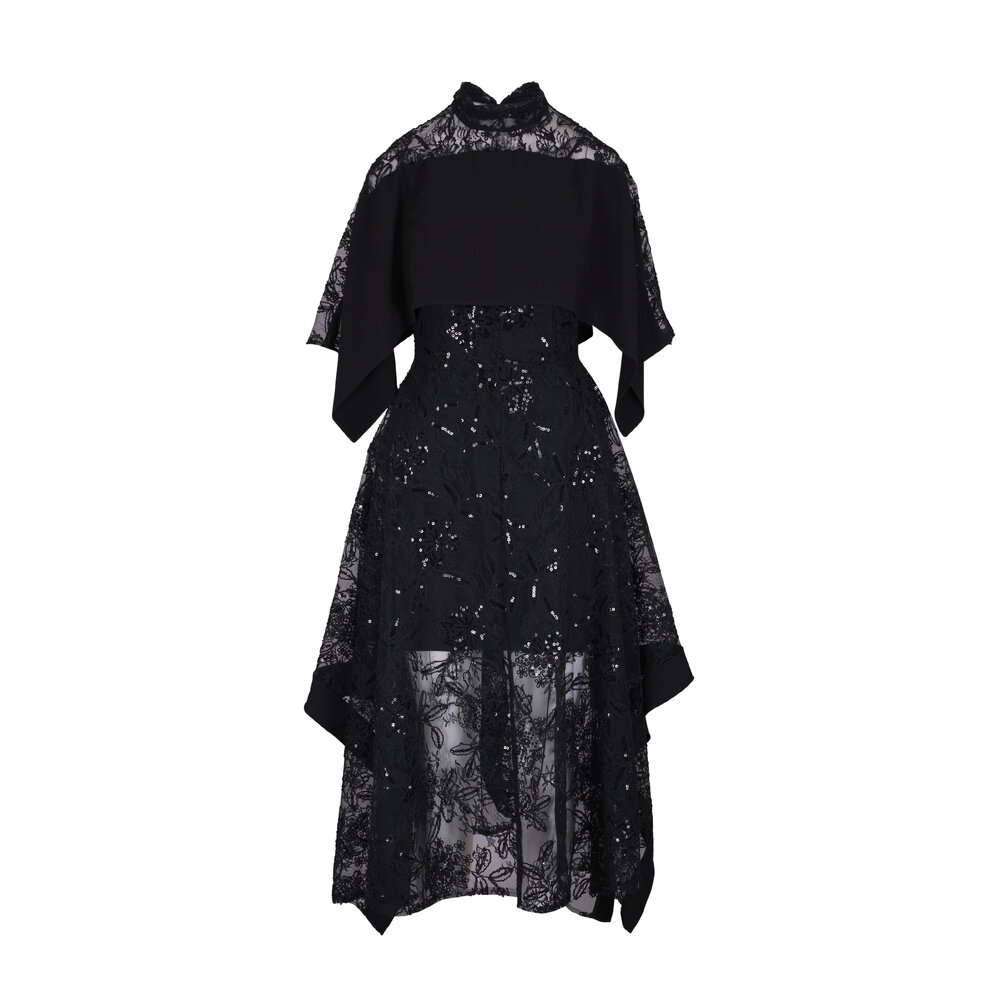 3.1 Phillip Lim - Black Sequin Lace Mock-Neck Flounce Dress
