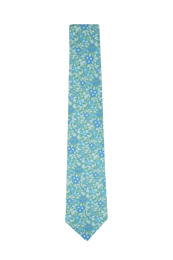 Kiton - Blue & Green Floral Print Silk Necktie 