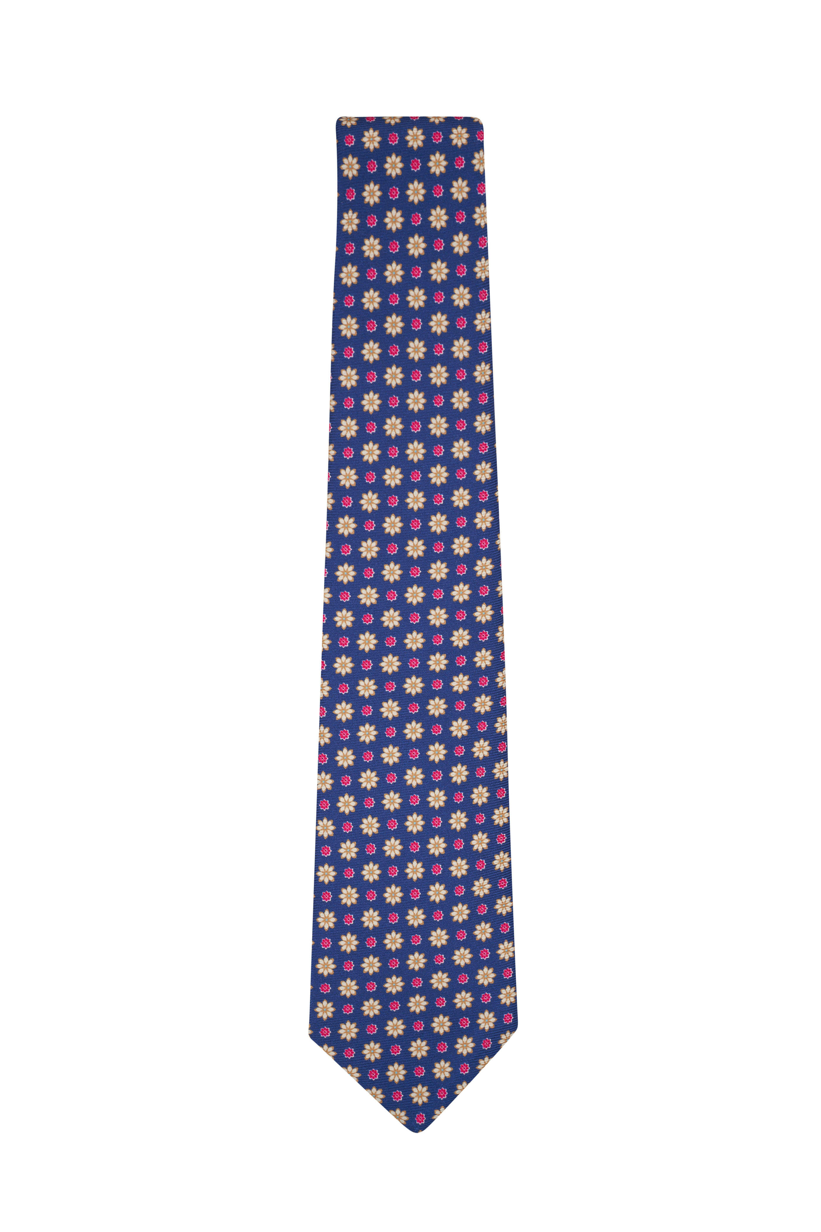 Kiton - Navy, Pink & Ivory Floral Print Silk Necktie