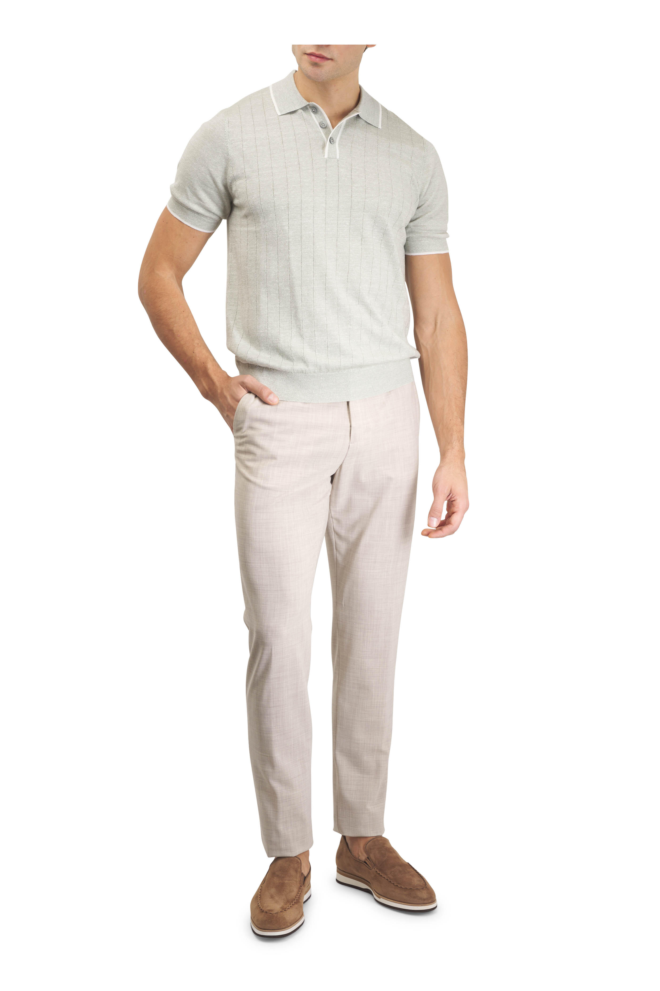 Patrick Assaraf - Moss Green Wool & Linen Knit Polo