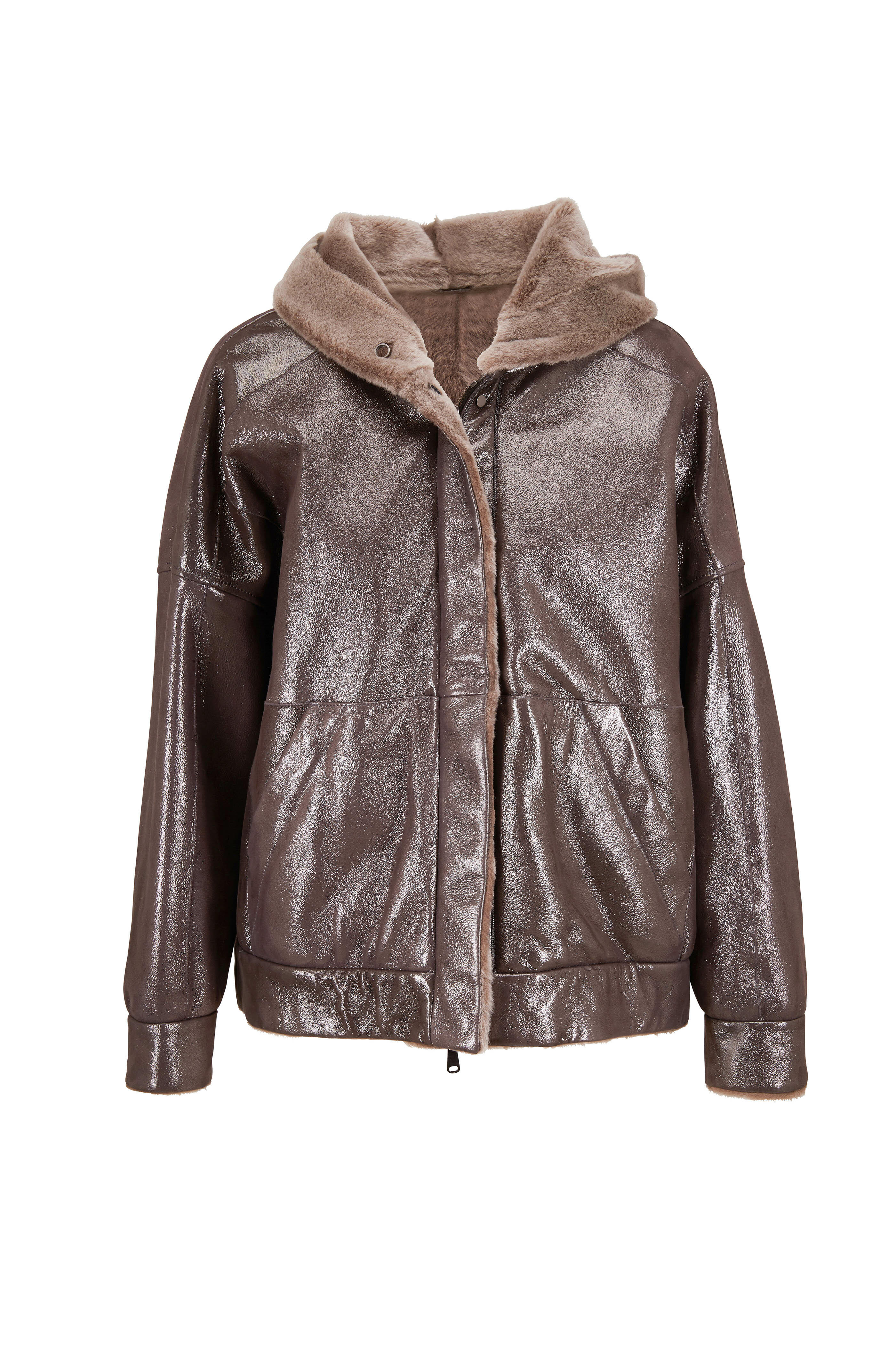 BRUNELLO CUCINELLI ヘルト付きシレ MH5447344 C101 Brunello Cucinelli - Metallic Shearling Hooded Banded Hem Coat