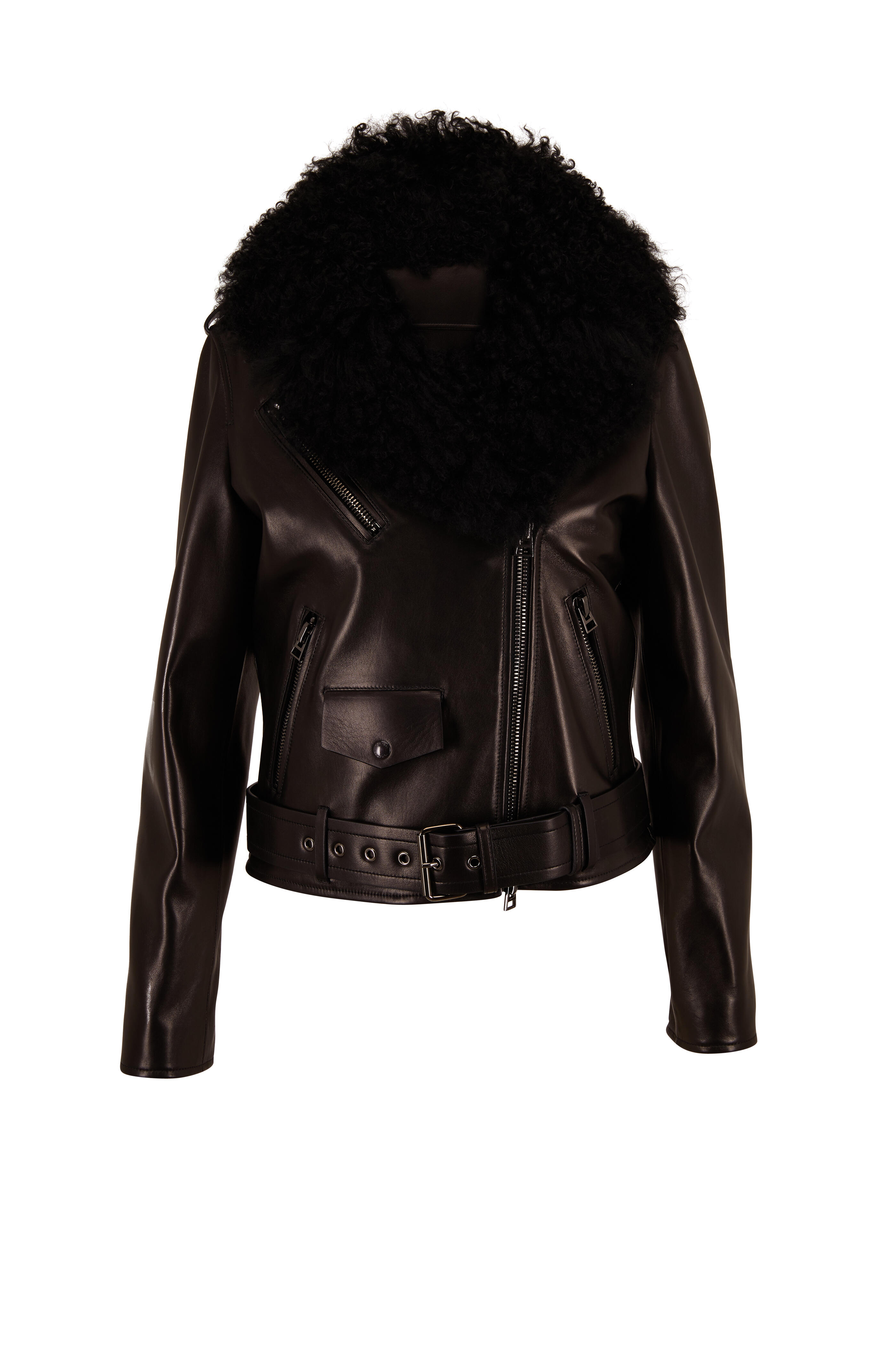 Tom Ford - Black Leather Moto Jacket With Shearling Vest