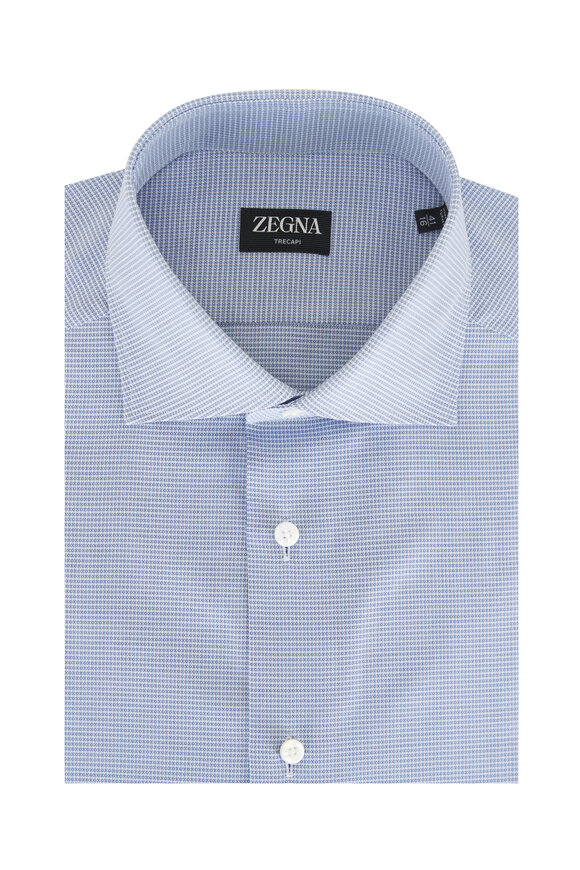 Zegna Trecapi Textured Blue Plaid Cotton Dress Shirt