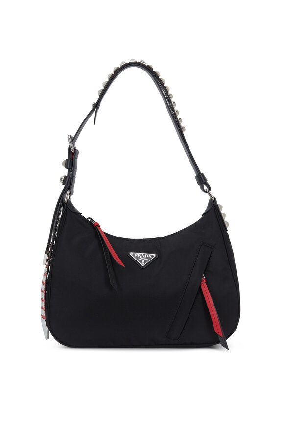 Prada - Black Tessuto & Red Leather Studded Strap Bag