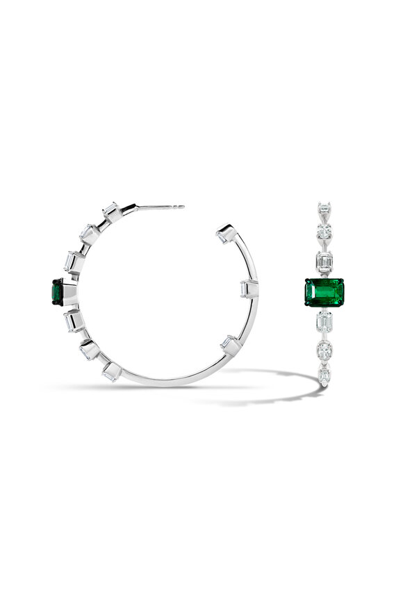 Mariani 18k White Gold Emerald & Diamond Hoop Earring
