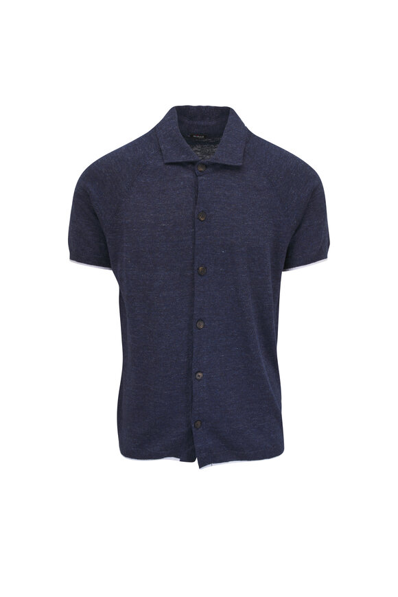 Kiton Blue & White Tipped Linen Button Up Shirt