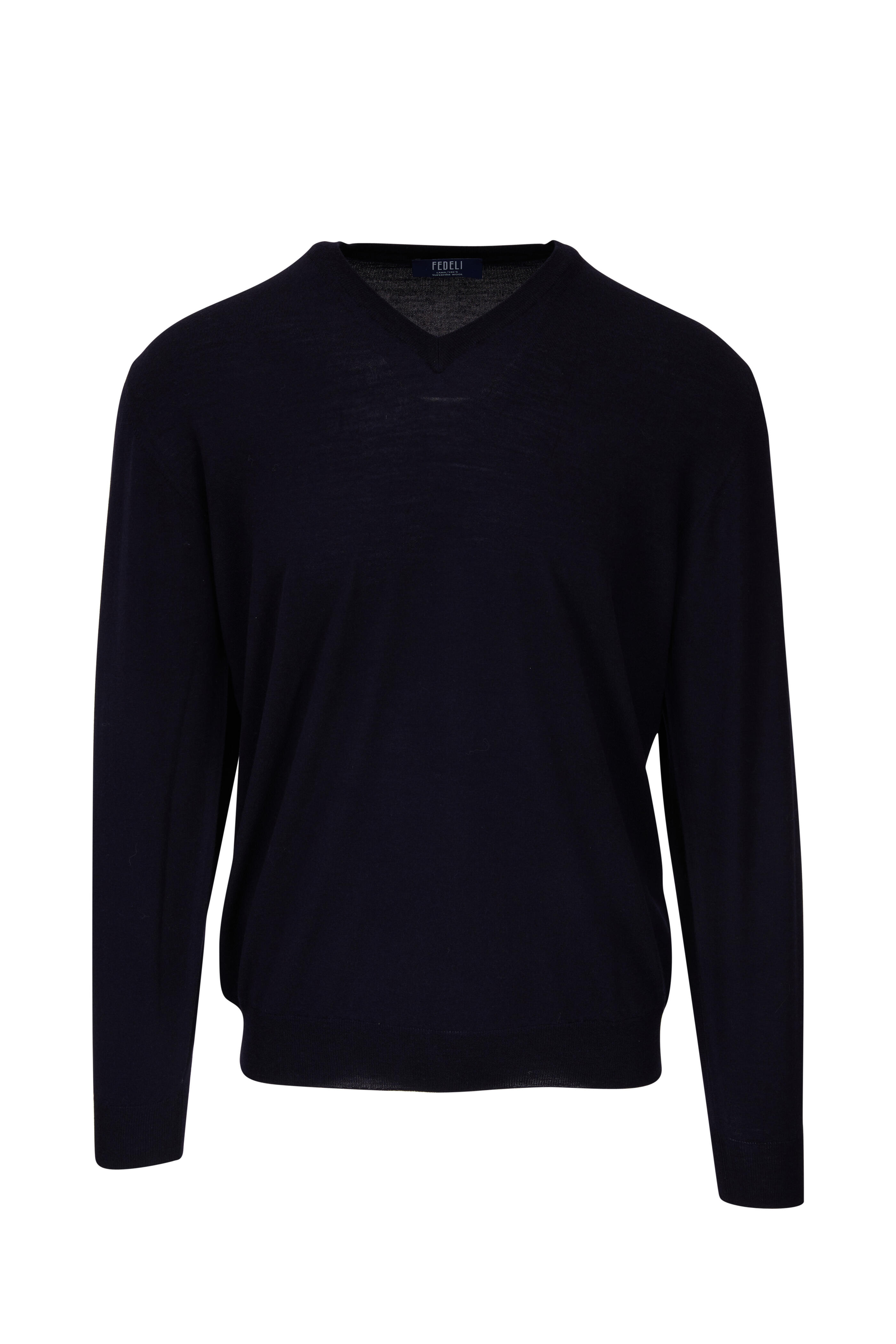 Fedeli - Navy 140's Wool V-Neck Pullover | Mitchell Stores