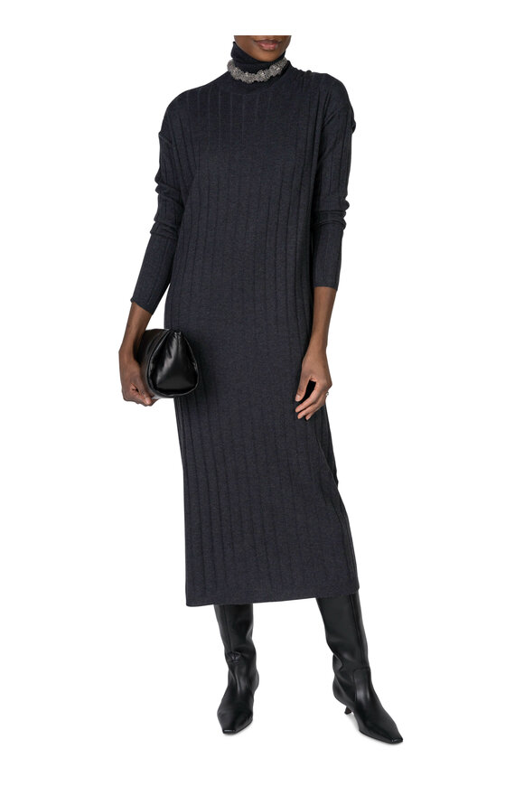 Brunello Cucinelli - Black & Stone Cashmere Wide Rib Knit Dress 