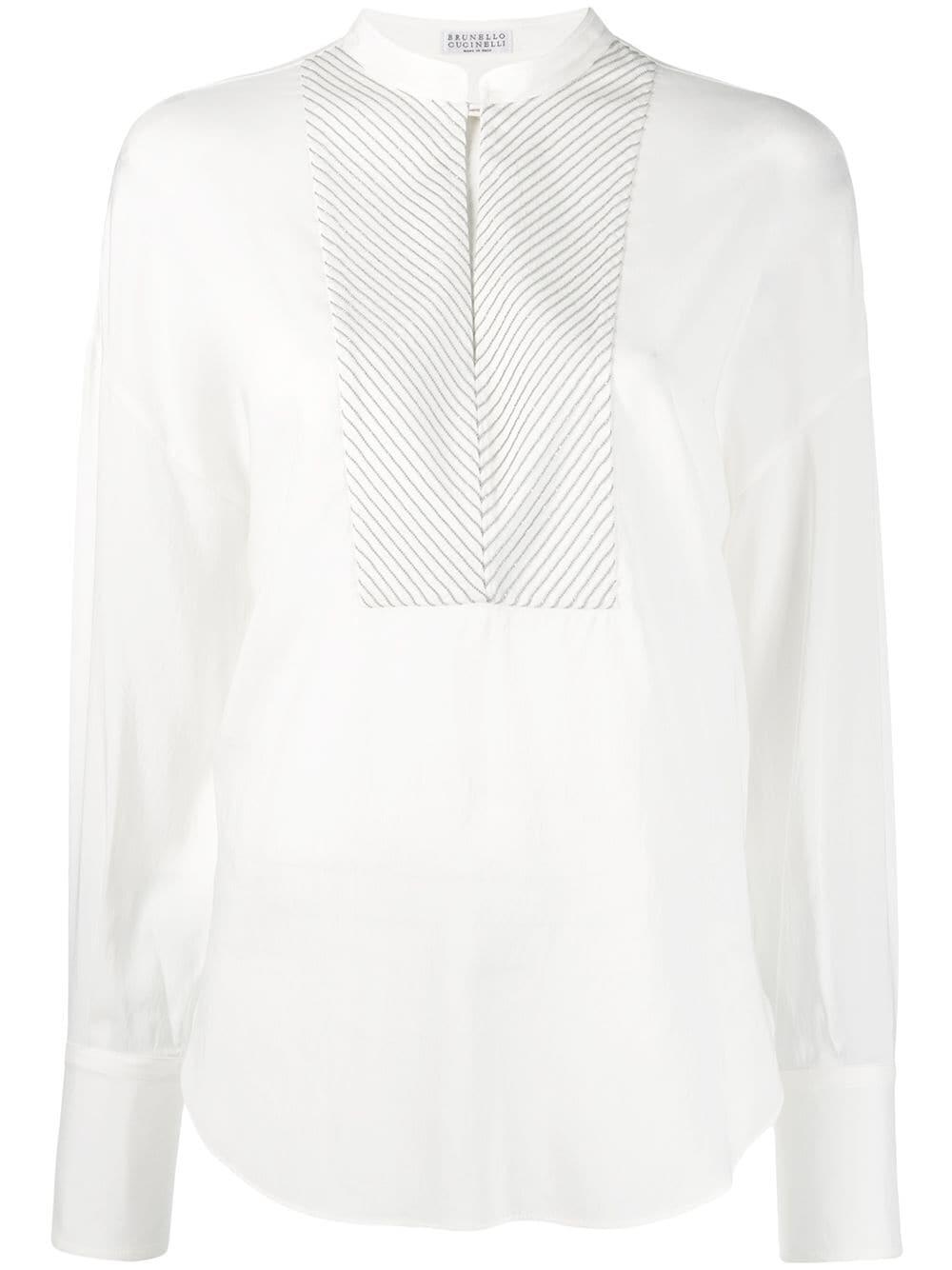Brunello Cucinelli - White Silk Collarless Monili Panel Henley