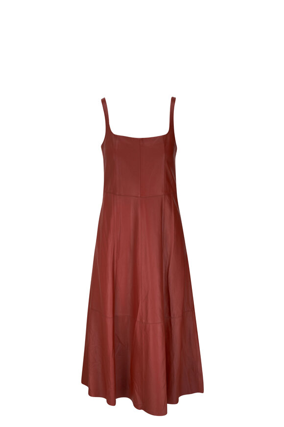 Vince - Red Dahlia Square Neck Leather Midi Dress 