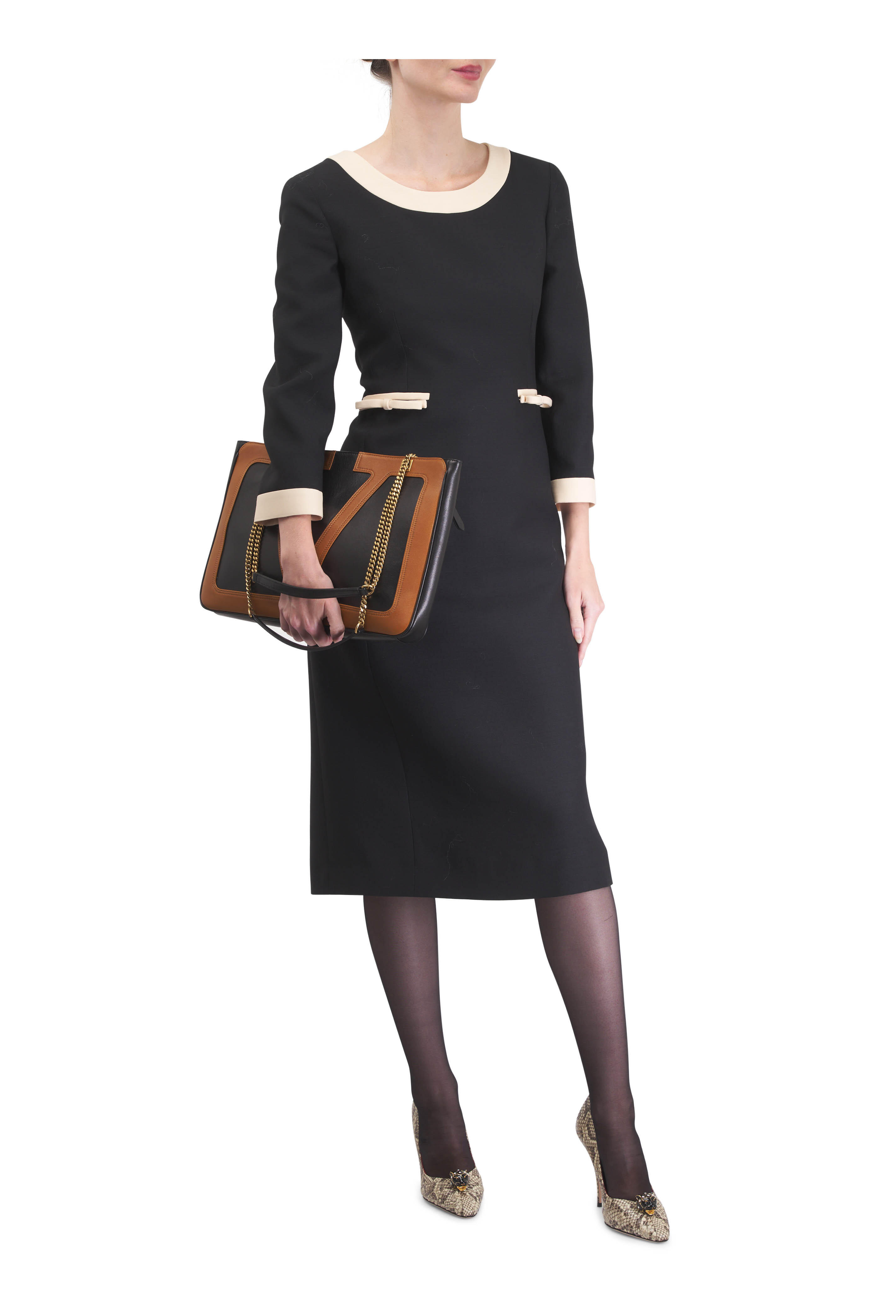 Valentino - Crepe Couture Black & Cream Bow Trim Midi Dress