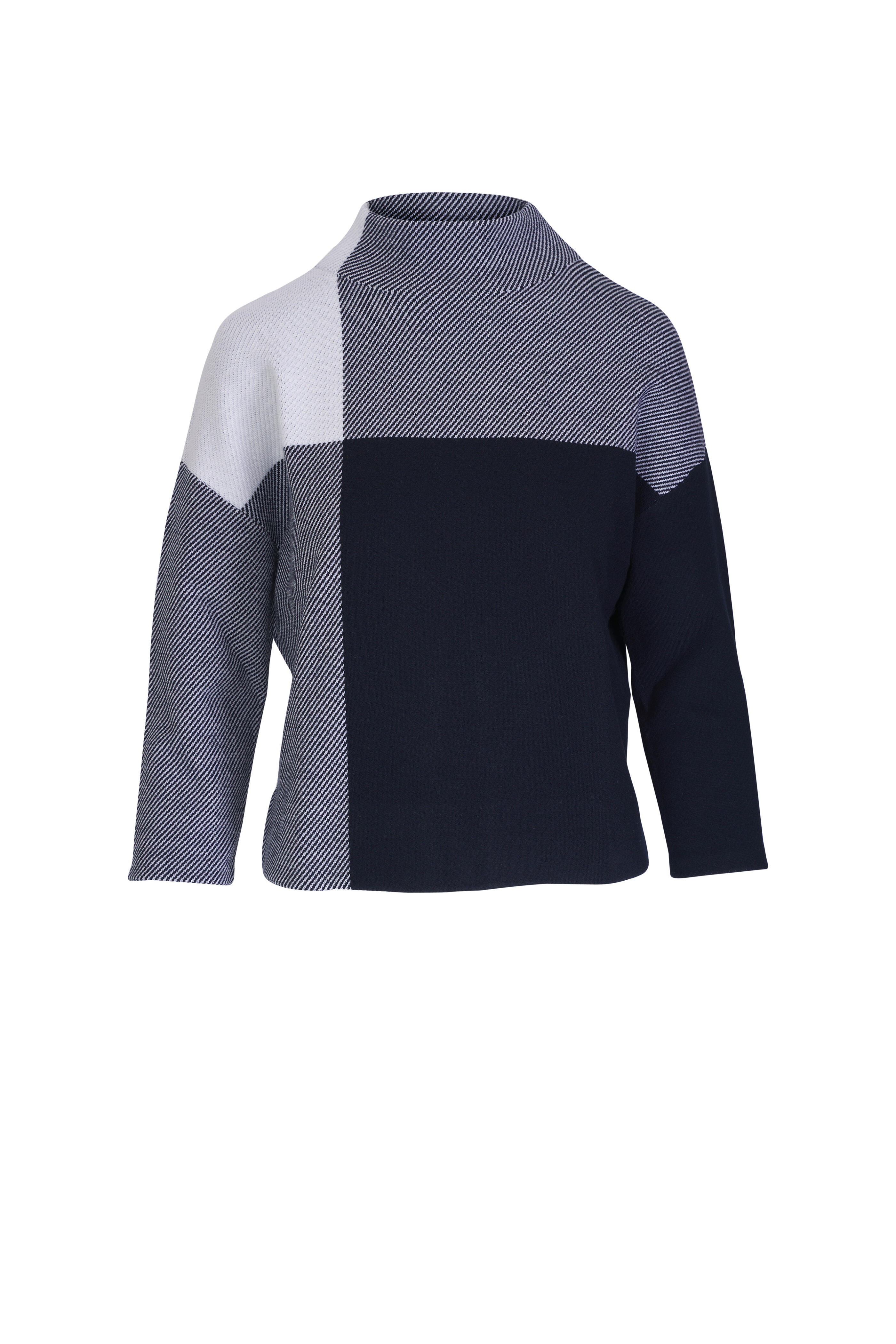Akris Punto - Gingham Knit Navy & Cream Mock Neck Sweater