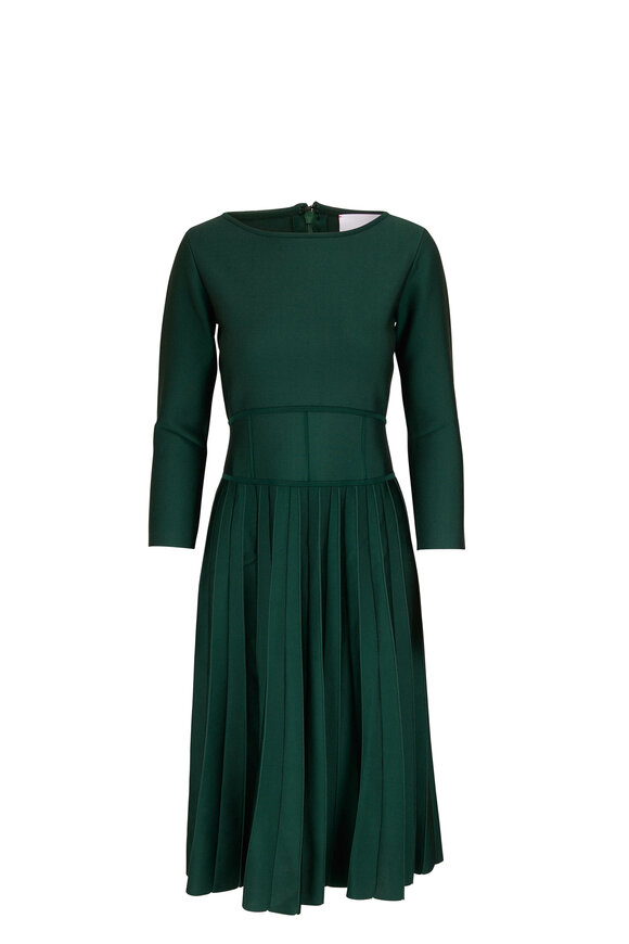 Carolina Herrera Racing Green Corset Waist Pleated Midi Dress