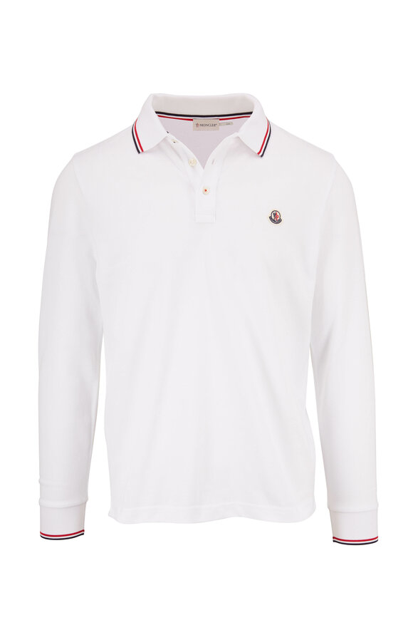 Moncler - White Long Sleeve Piqué Logo Polo