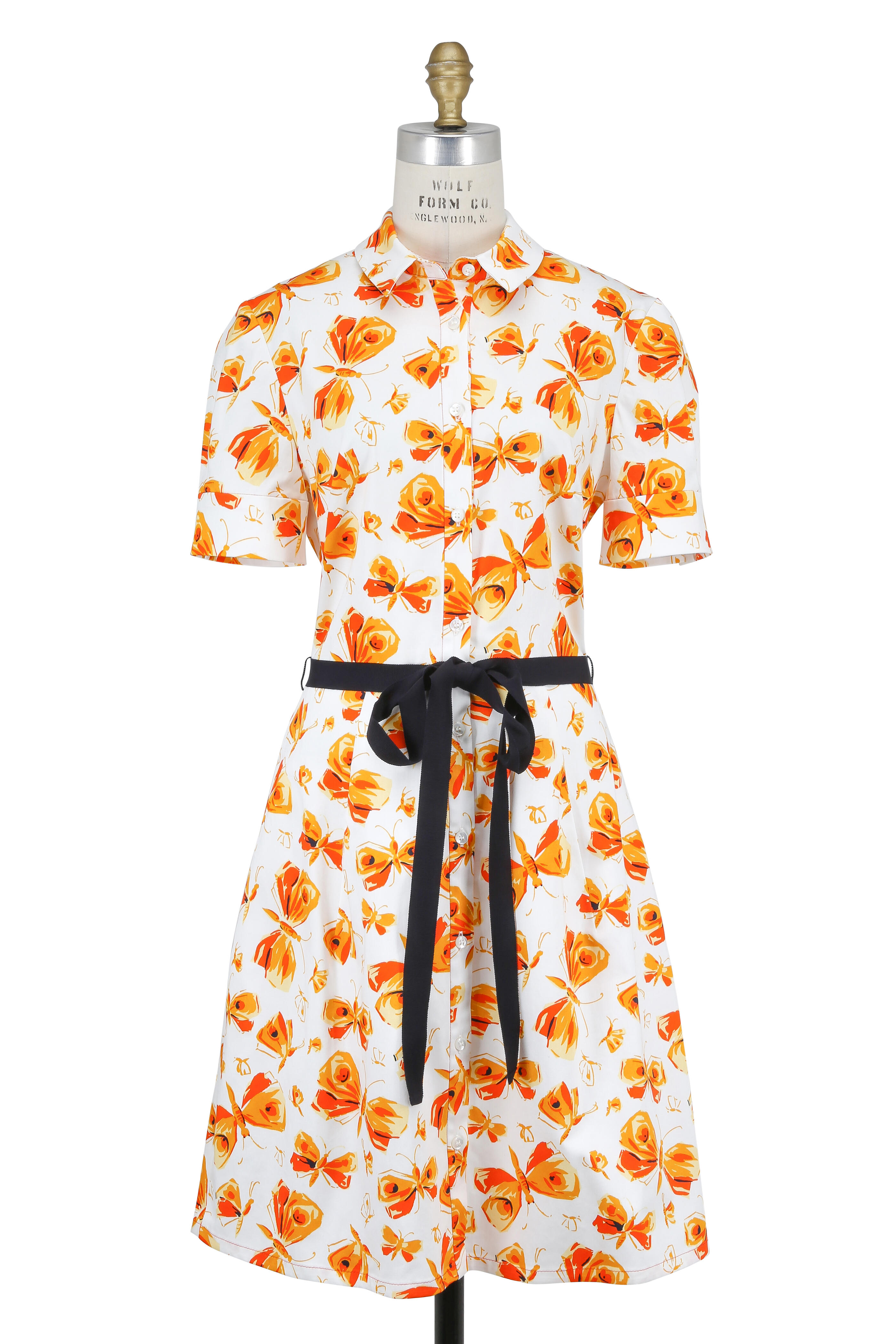 Carolina Herrera - White & Orange Butterfly Short Sleeve Shirtdress