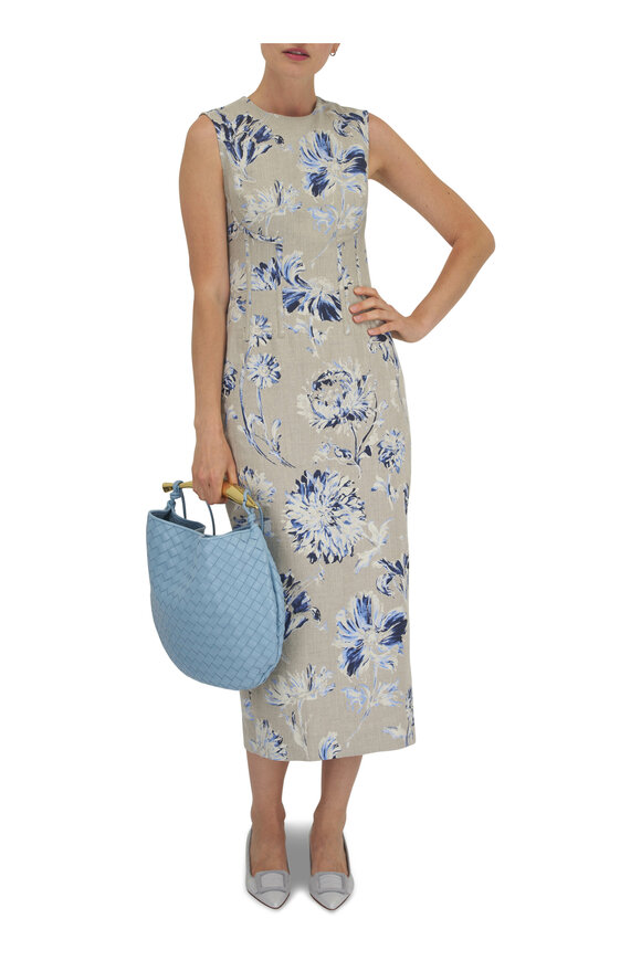 Lela Rose - Oxford Blue Floral Print Linen Seamed Column Dress