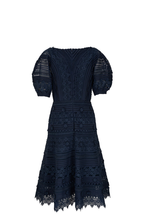 Carolina Herrera - Midnight Floral Embroidered Puff Sleeve Midi Dress