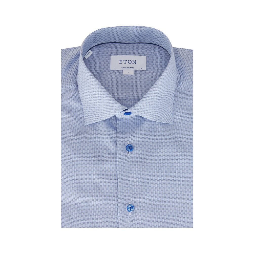 Eton - Light Blue Squares Contemporary Fit Sport Shirt