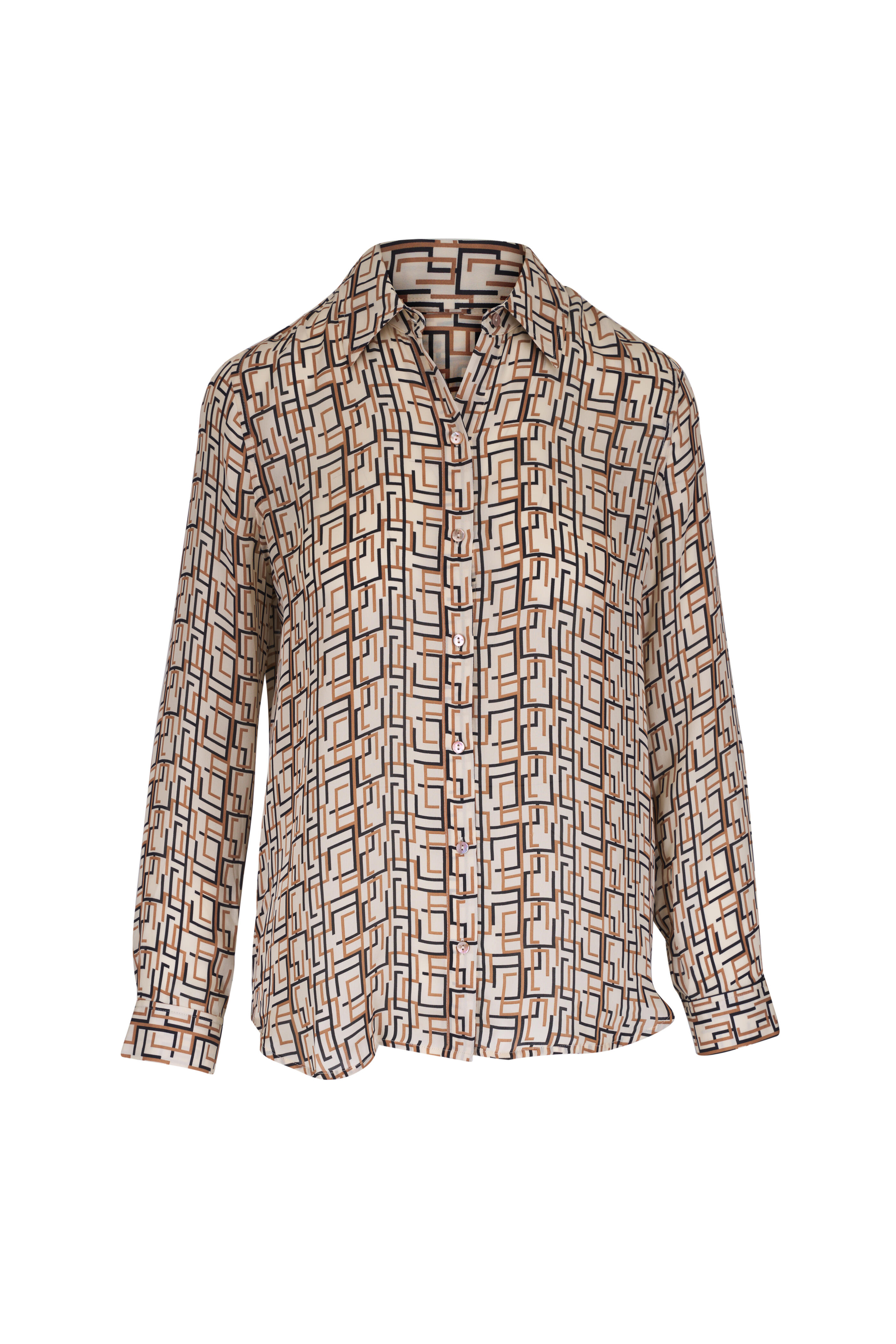 L'Agence - Nina Ecru Multi Geo Print Silk Blouse