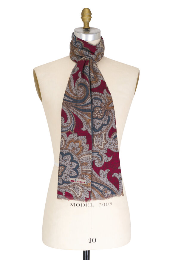 Kiton Red & Blue Floral Paisley Wool Scarf 
