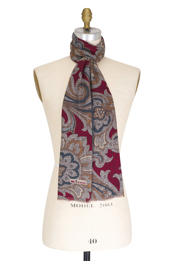 Kiton - Red & Blue Floral Paisley Wool Scarf 