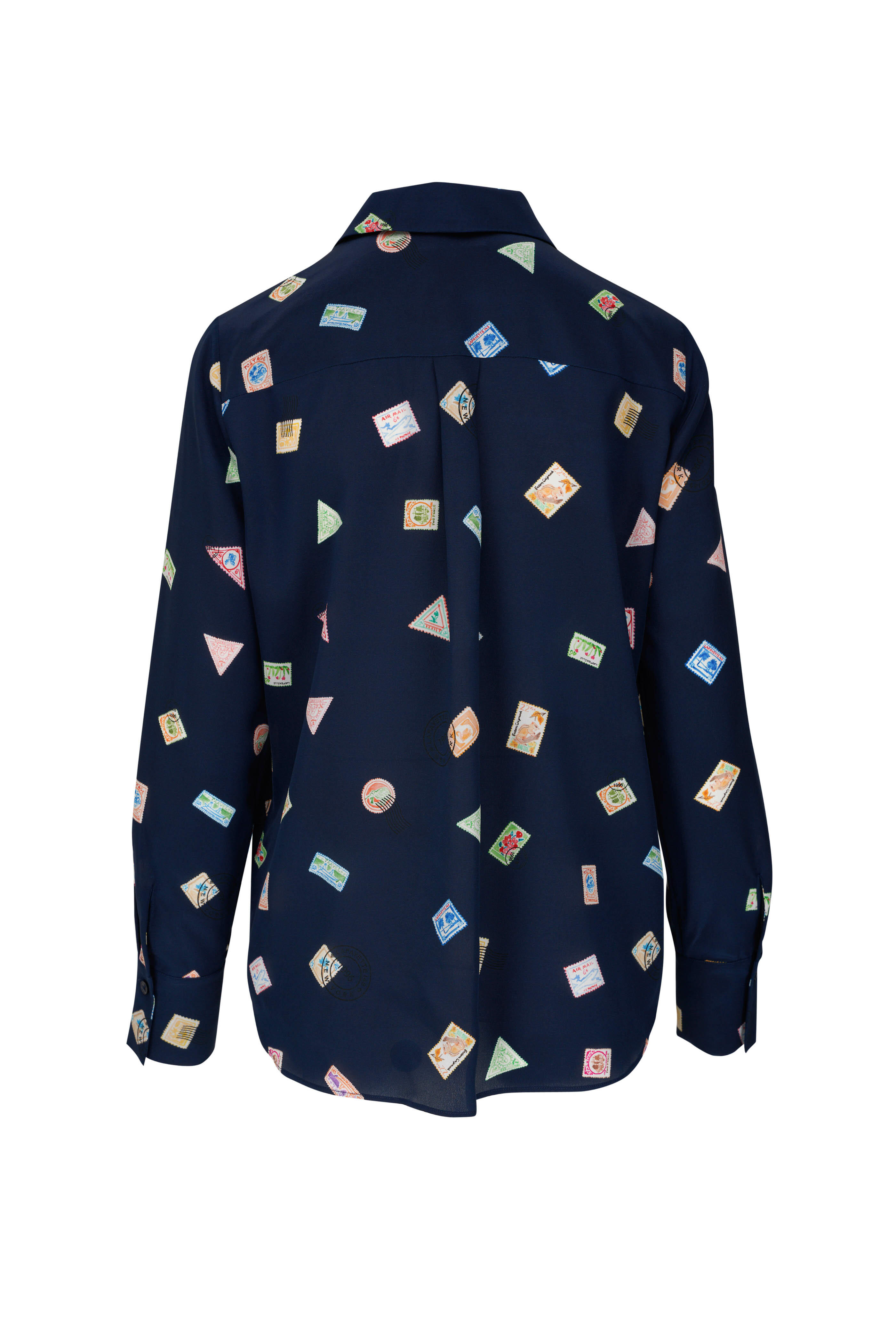 Lafayette 148 New York Scottie Midnight Blue Multi Silk Stamp Blouse