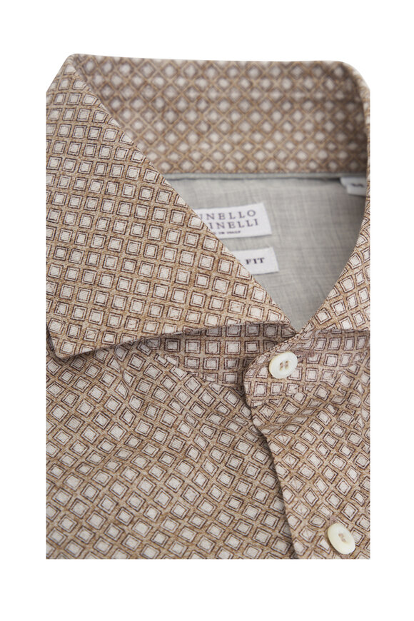 Brunello Cucinelli - Brown Geometric Print Cotton Sport Shirt