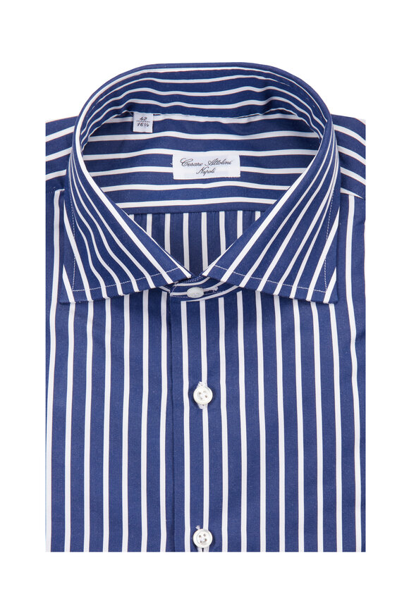 Cesare Attolini Blue Stripe Cotton Sport Shirt - view 1