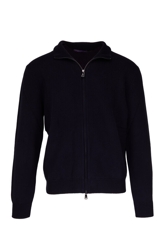 Ralph Lauren Purple Label - Navy Silk & Cotton Front Zip Sweater