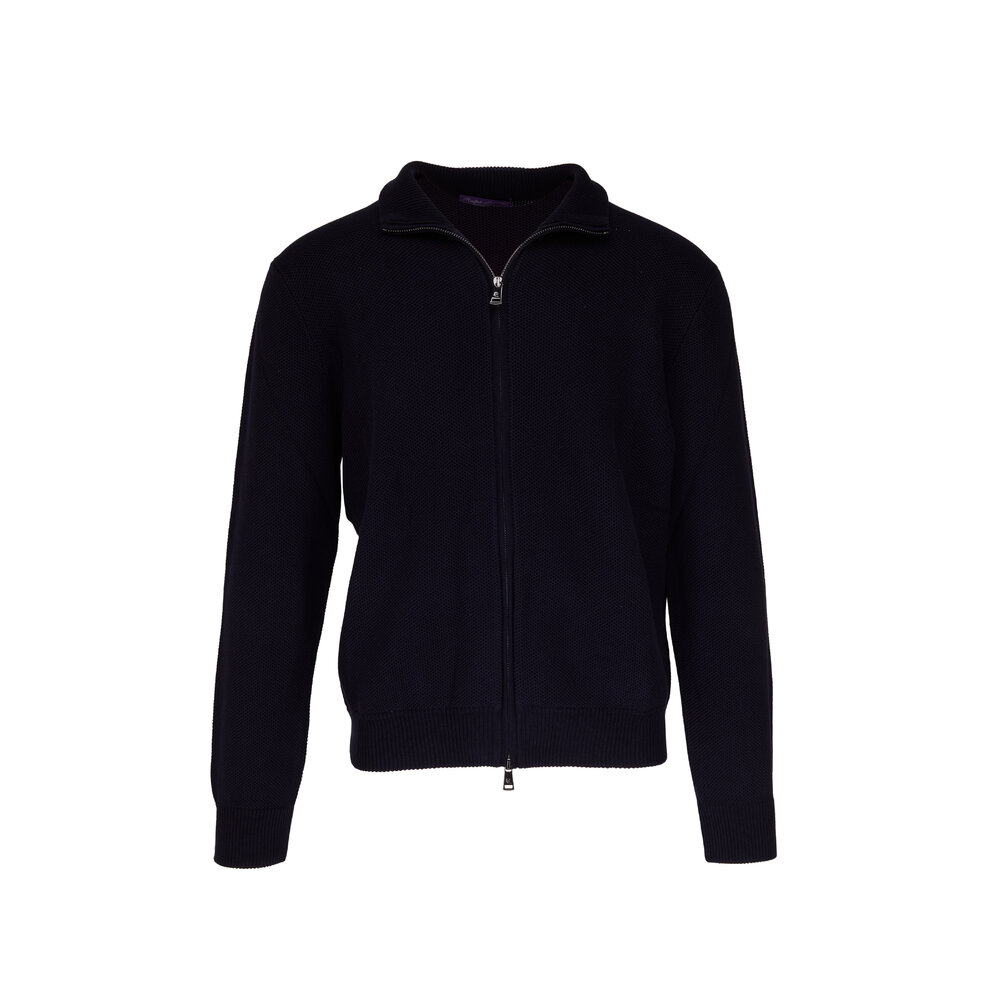 Ralph Lauren Purple Label - Navy Silk & Cotton Front Zip Sweater