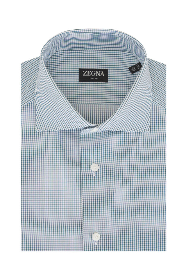 Zegna - White & Blue Check Cotton Dress Shirt | Mitchell Stores