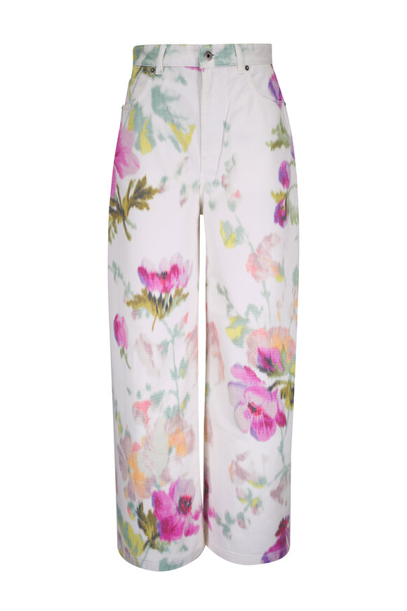 Loewe White & Pink Floral Print Cotton Wide Leg Jean