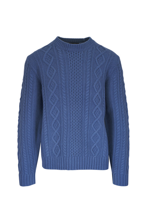 Vince Light Beluga Blue Aran Cable Wool Crewneck Sweater