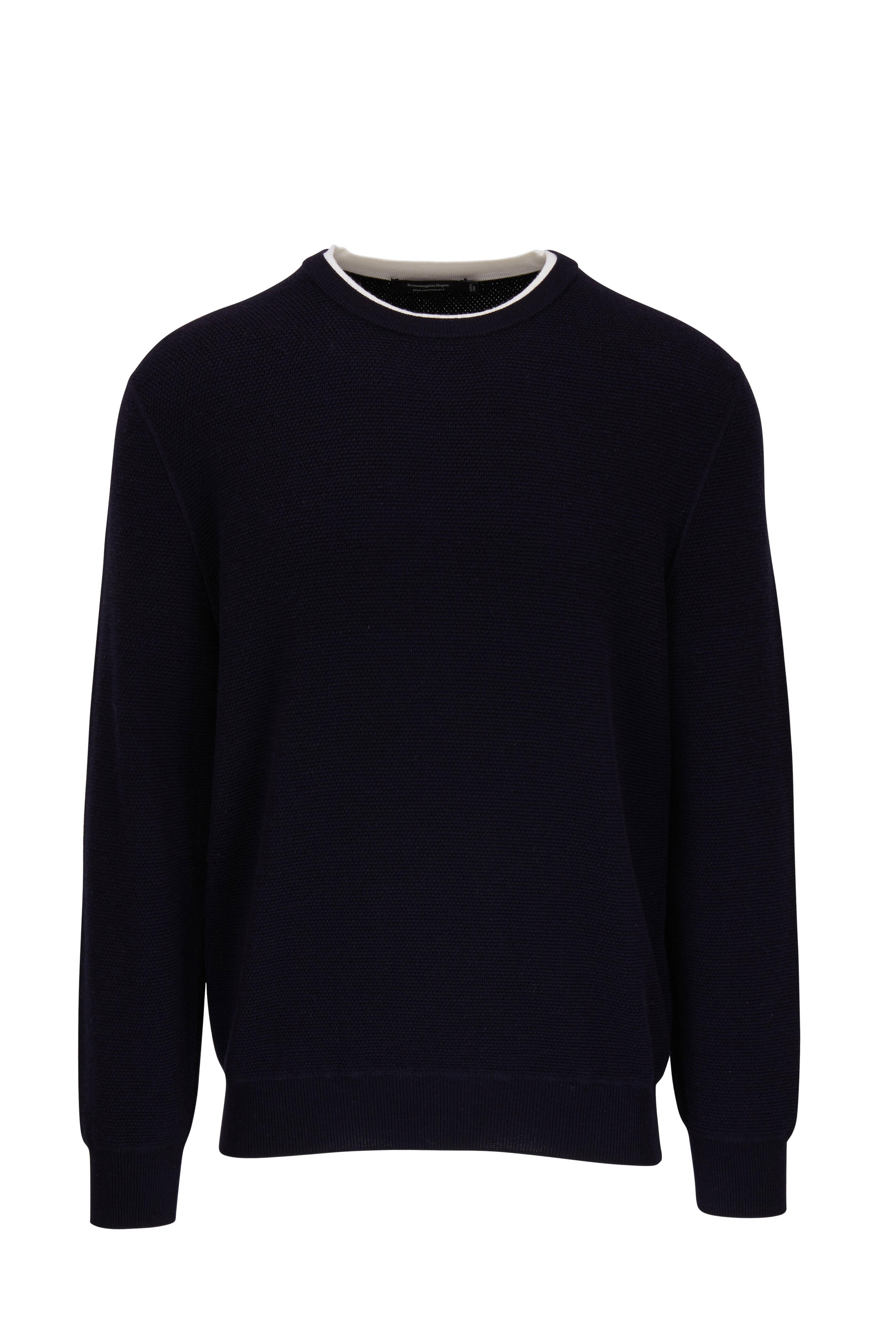 Zegna - Navy Wool Contrast Tipped Crewneck Sweater