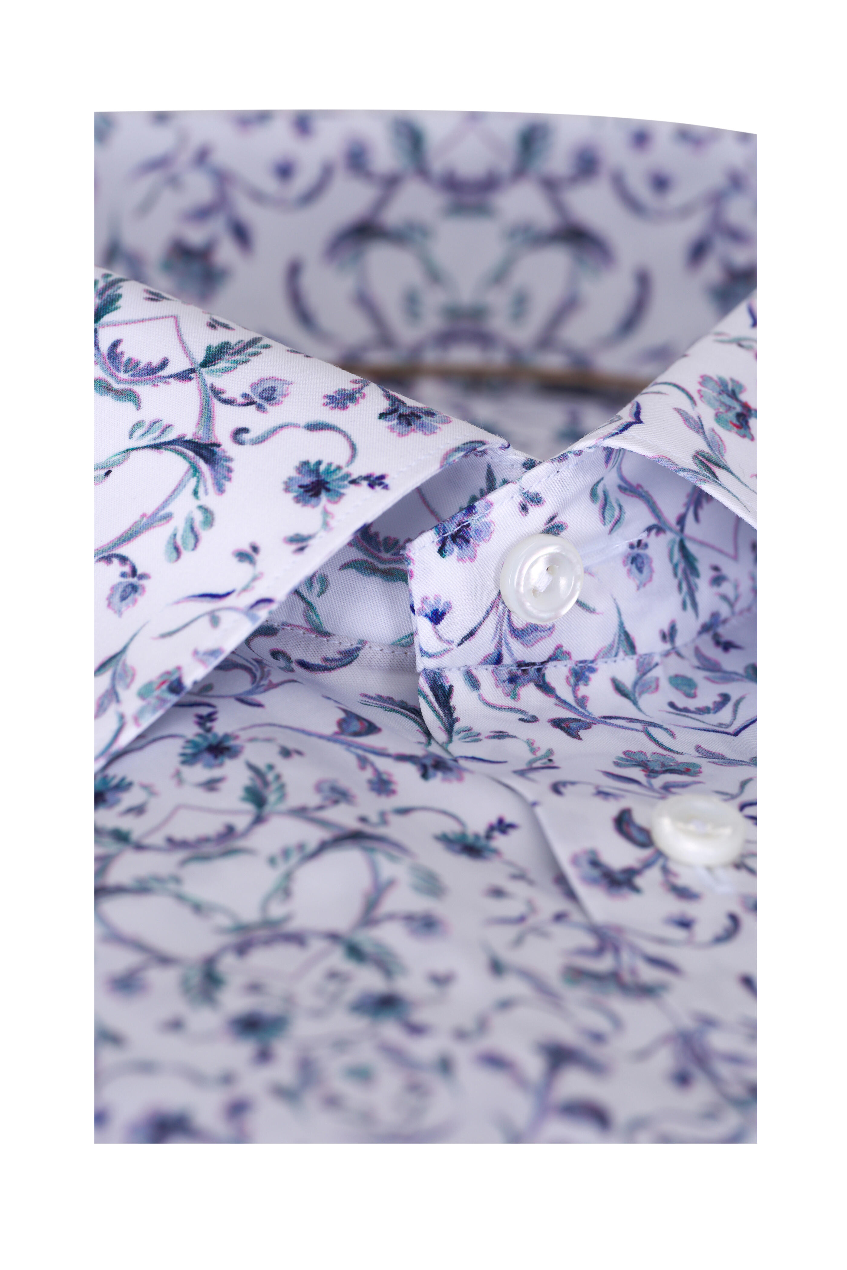 Eton - White & Blue Floral Print Cotton Dress Shirt