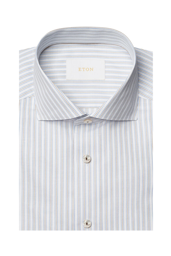 Eton Brown & Blue StrIpe Cotton & Linen Dress Shirt - view 7