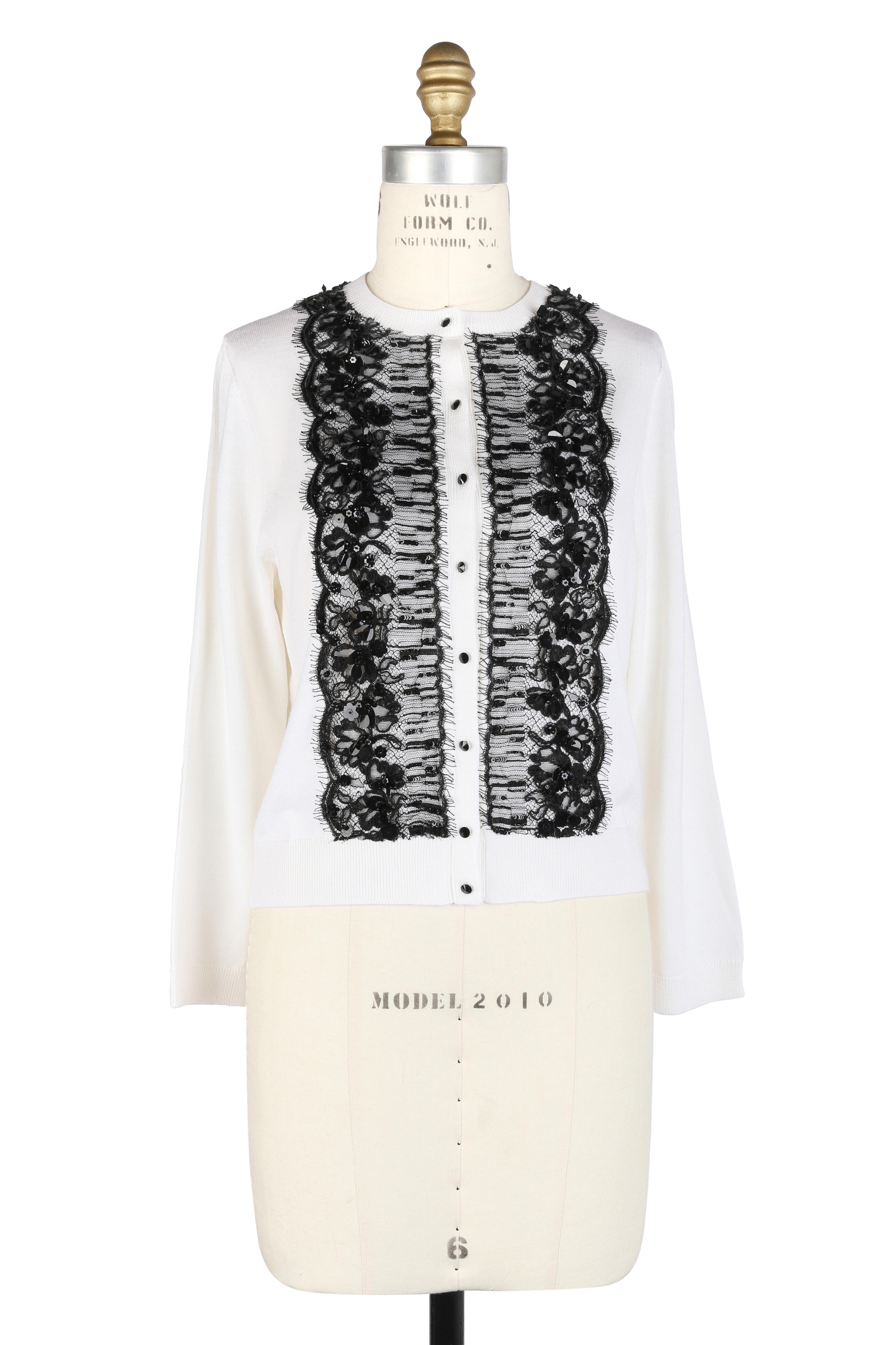 Oscar de la Renta - White & Black Wool & Silk Lace Sweater