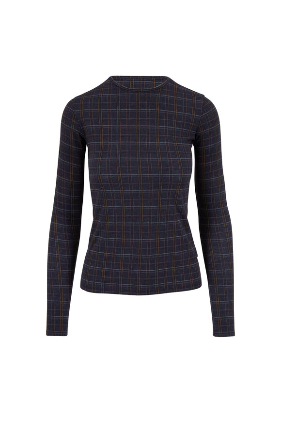 Vince Navy Blue Plaid Jersey T-Shirt - view 1