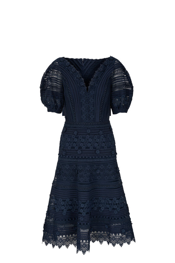 Carolina Herrera - Midnight Floral Embroidered Puff Sleeve Midi Dress