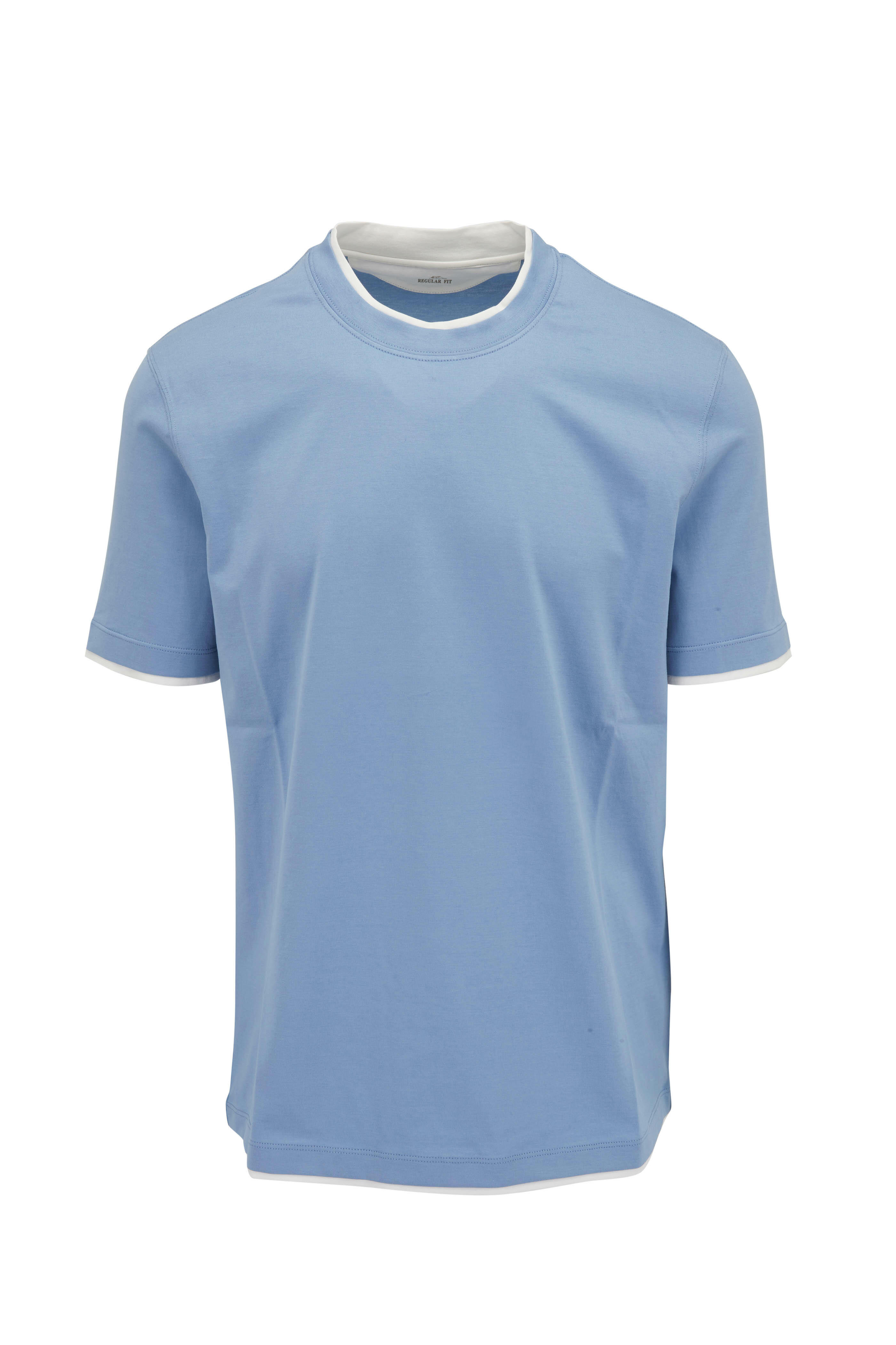 【関税&送料込】Brunello Cucinelli Regular Fit Cotton T-Shir Brunello Cucinelli - Light Blue & White Cotton Regular Fit T