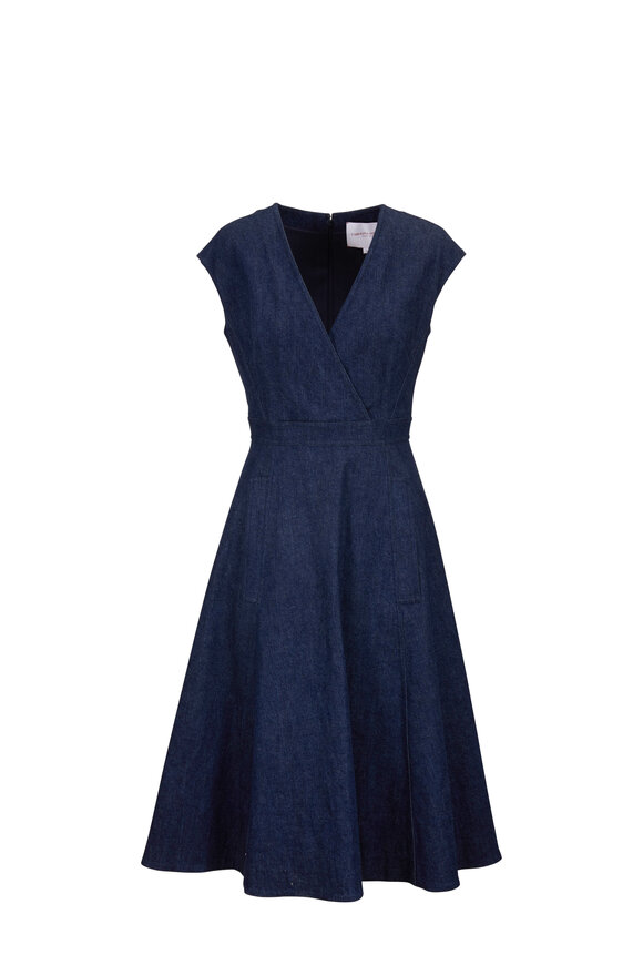 Carolina Herrera - Denim Blue Stretch Cotton A-Line Faux Wrap Dress