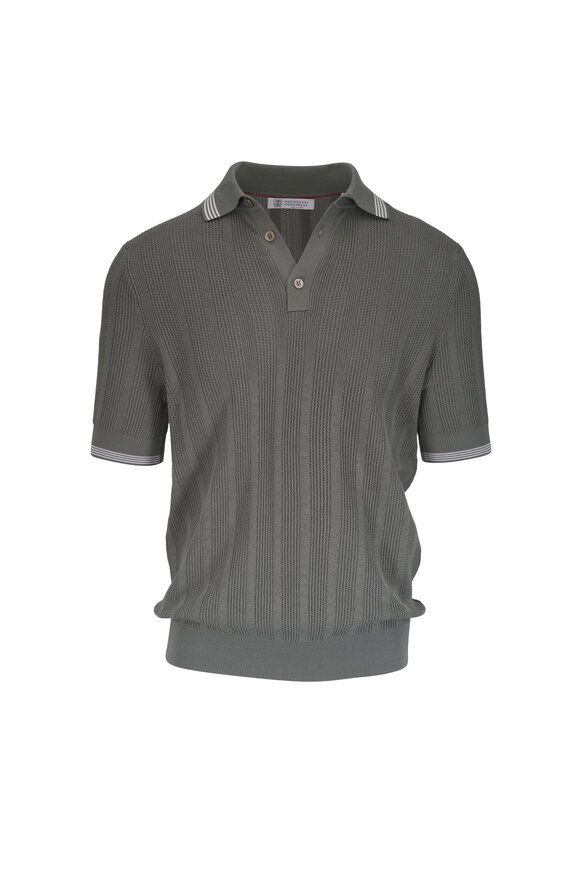 Brunello Cucinelli Olive Green English Rib Knit Polo Sweater